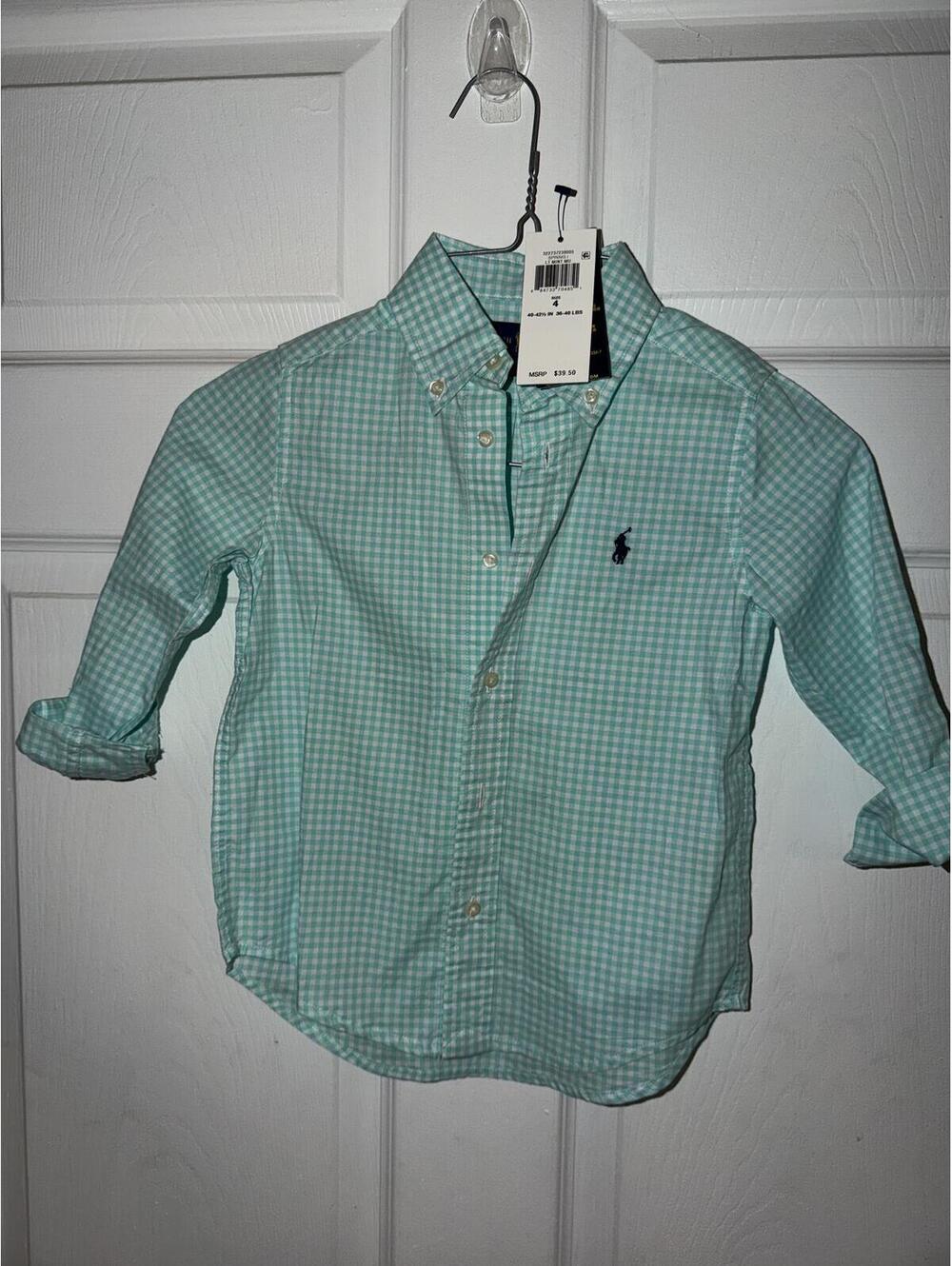 Ralph Lauren Boys Mint Green Gingham Button-Down Shirt Size 4